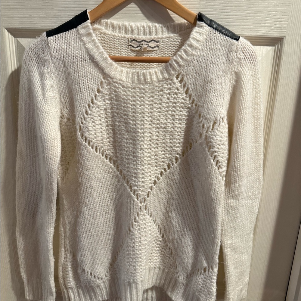 Pink Rose White Knit Sweater with Black Accents